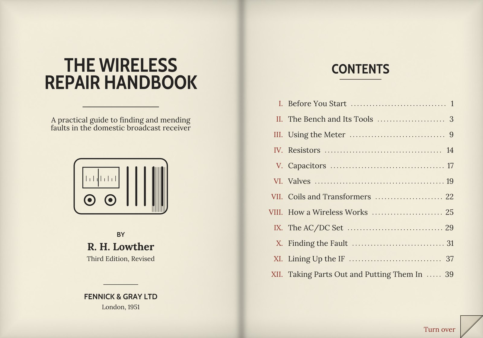 The handbook open at its title page and contents.