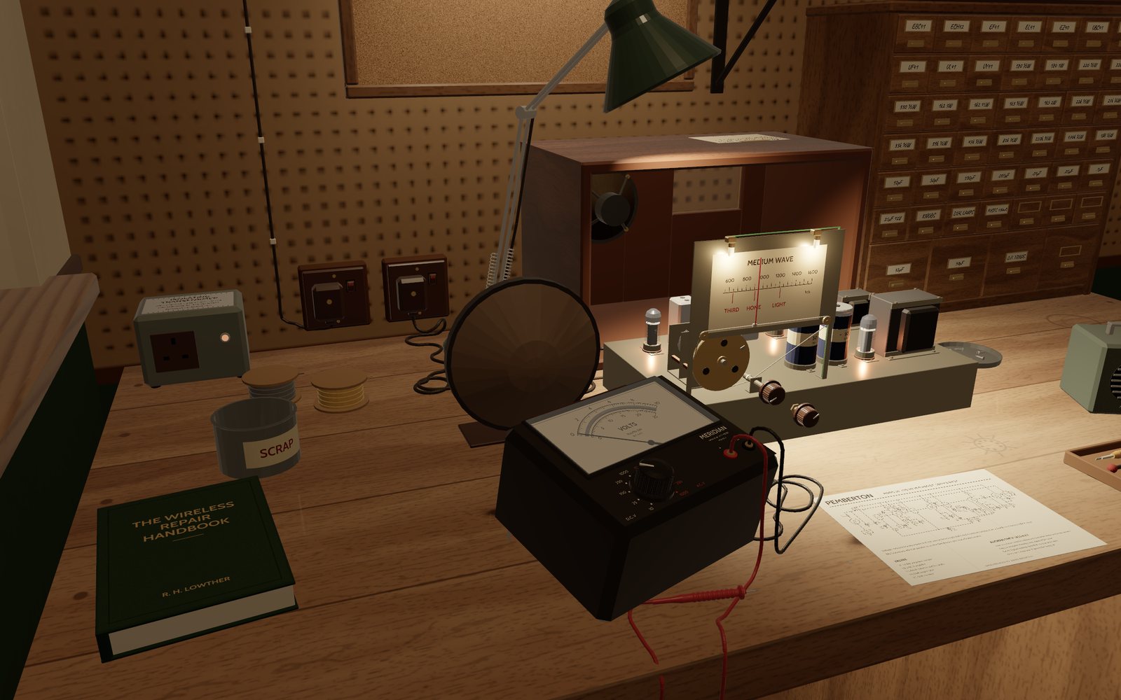 The chassis out of its cabinet on the bench, the bench speaker plugged in, the soldering iron in its stand.