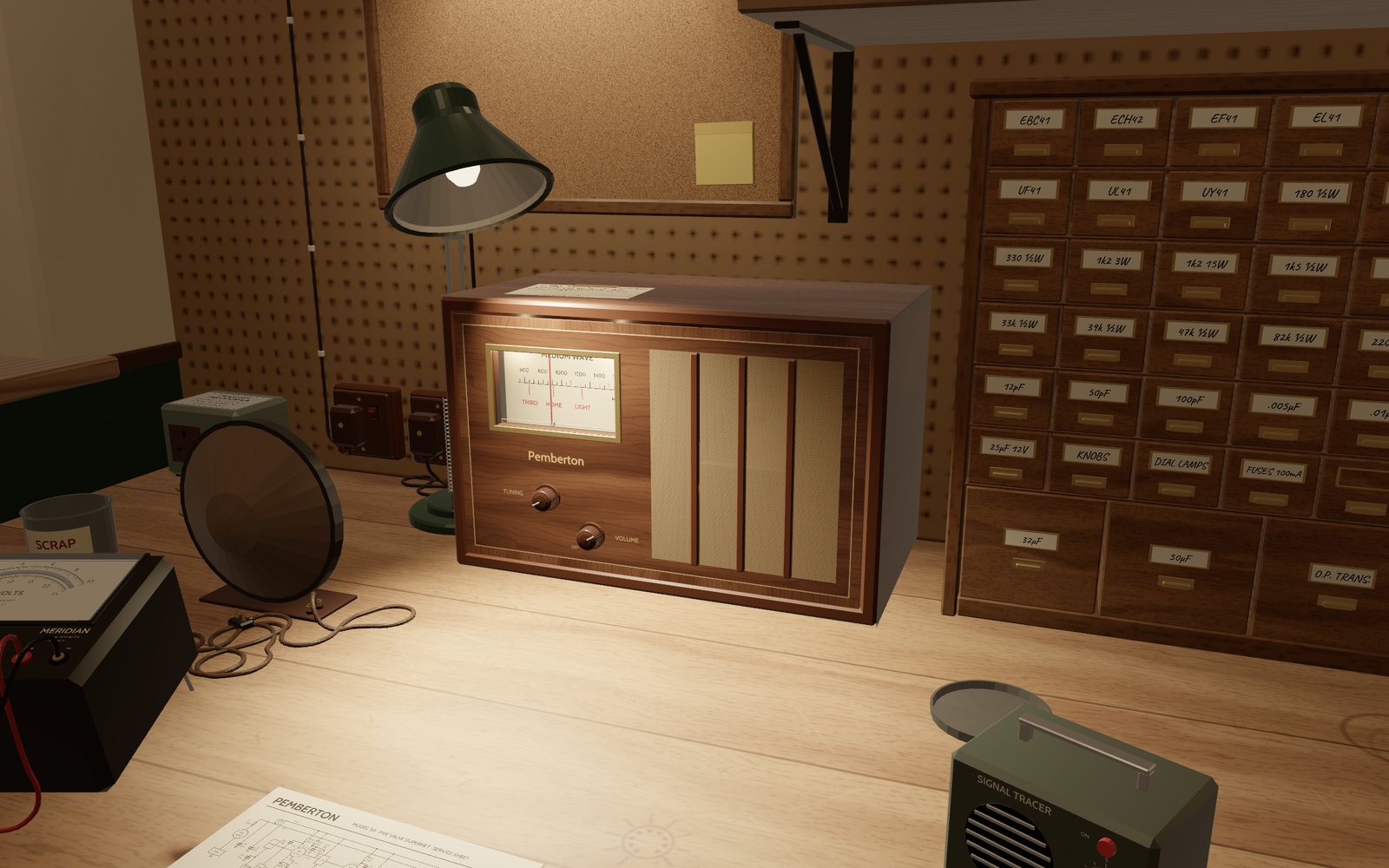 A walnut wireless on the workbench in the evening, the lamp on, the service sheet and the meter beside it.