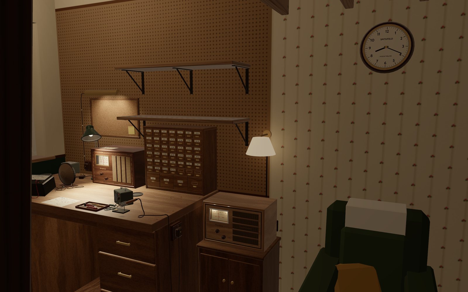 Home under the loft of an evening: the armchair, the wall lamp lit, a mended wireless on the cupboard, the bench beyond.