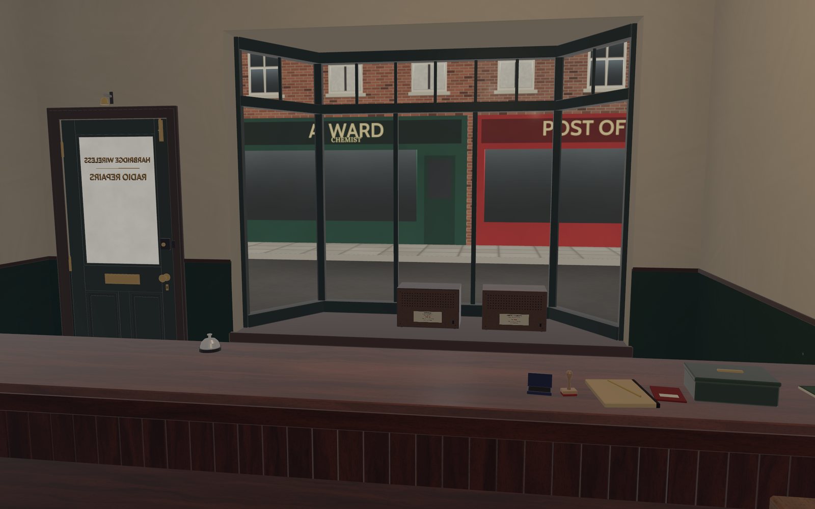 The shop by day: the counter, the shop door, and two mended sets for sale in the bay window onto the High Street.