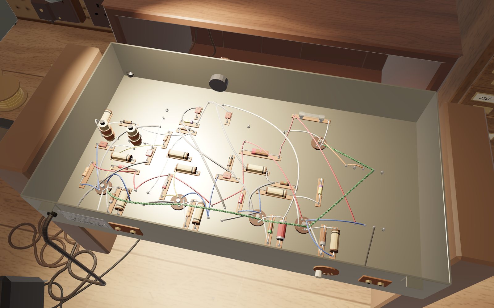 The underside of a valve set's chassis: valve sockets, tag strips, resistors and capacitors, the wiring in its period colours.